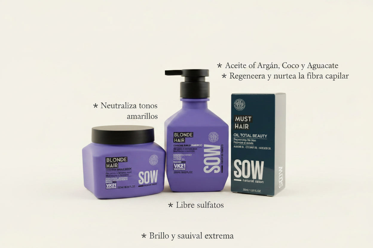 Pack Sow Shampoo Blonde Hair 250 ml + Máscara Blonde Hair 250 ml + Oil total beauty 50 ml