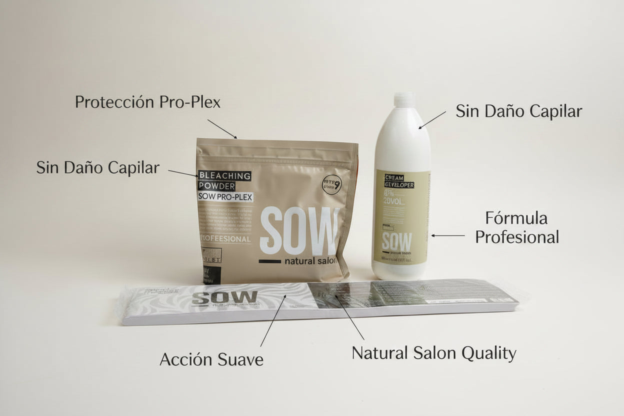Pack SOW Polvo Decolorante 9 tones + Oxidante 20 Vol. 1L + Papel de mecha.