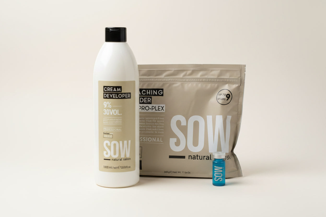 Pack SOW Polvo Decolorante 9 tones + Oxidante 30vol 1L + Ampolla Elixir 10ml.