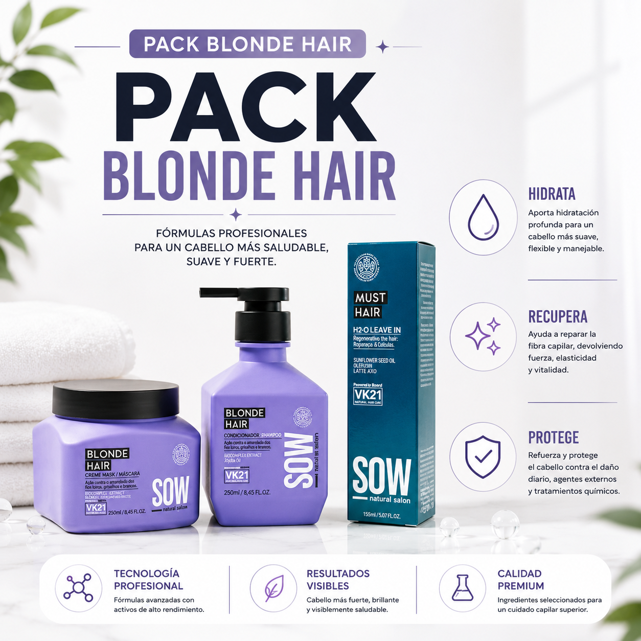 Pack SOW Shampoo Blonde Hair 250 ml + Mascara Blonde Hair 250 ml + Leave in H2-O 150 ml
