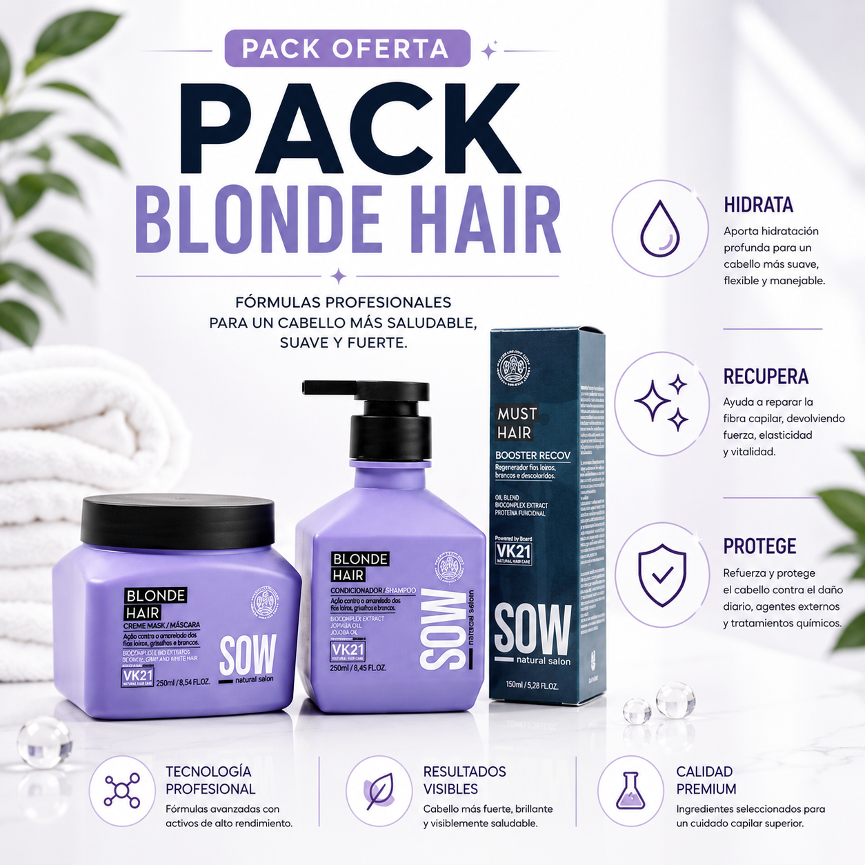 Pack SOW Shampoo Blonde hair 250 ml + Máscara Blonde hair 250 ml + Booster 100ml Recov